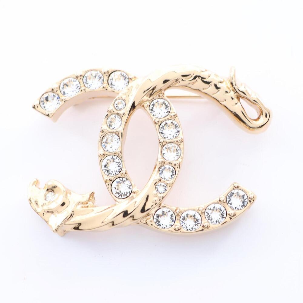 Chanel Coco Mark Brooch Accessory, Gold Plated (GP), Rhinestone, Women's, Tone